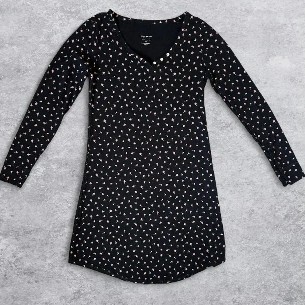 Charter Club Intimates Womens Black and Pink Floral Henley‎ Nightgown